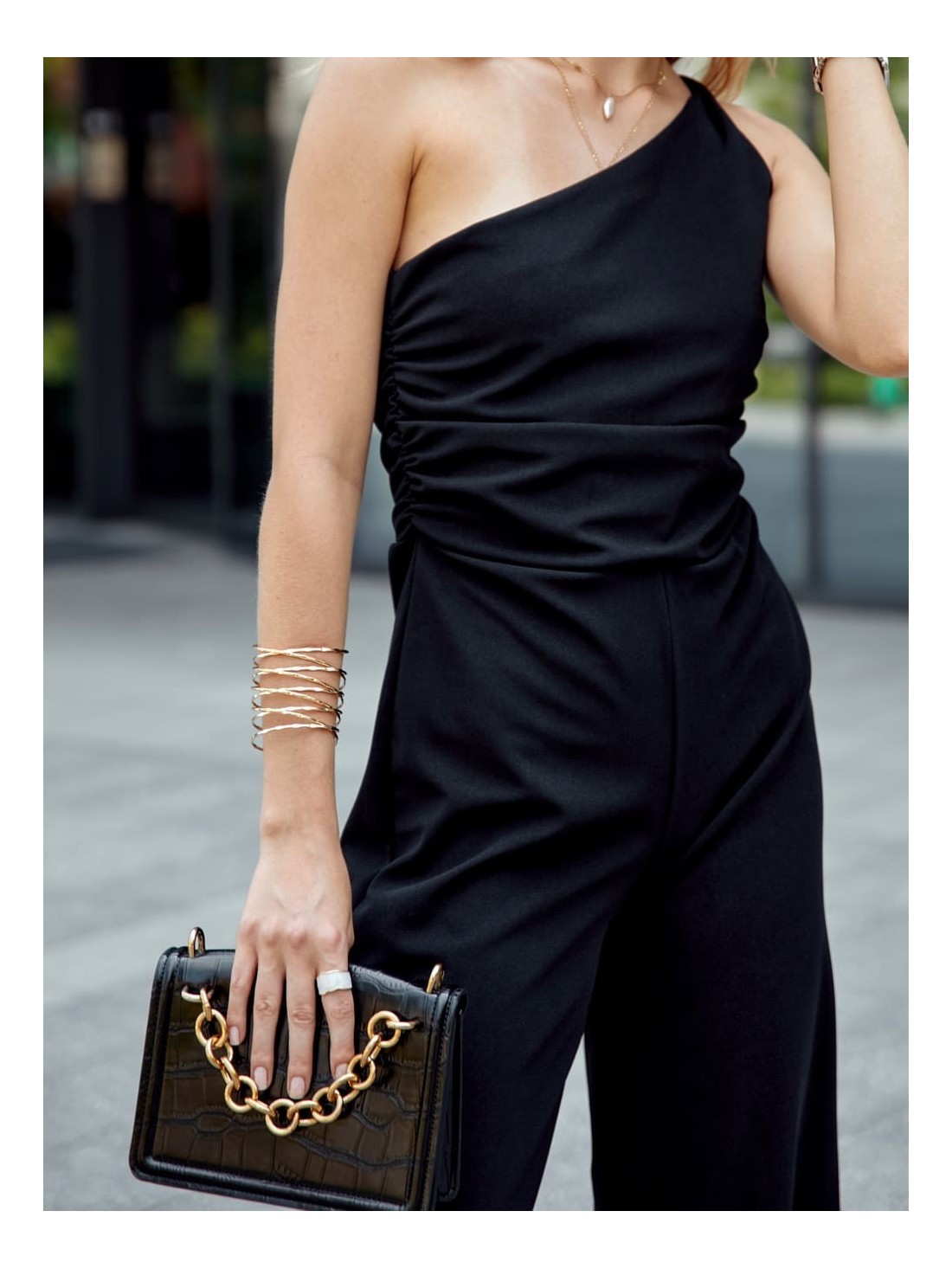 Elegant one-shoulder jumpsuit with wide legs, black 23560 - Online store - Boutique